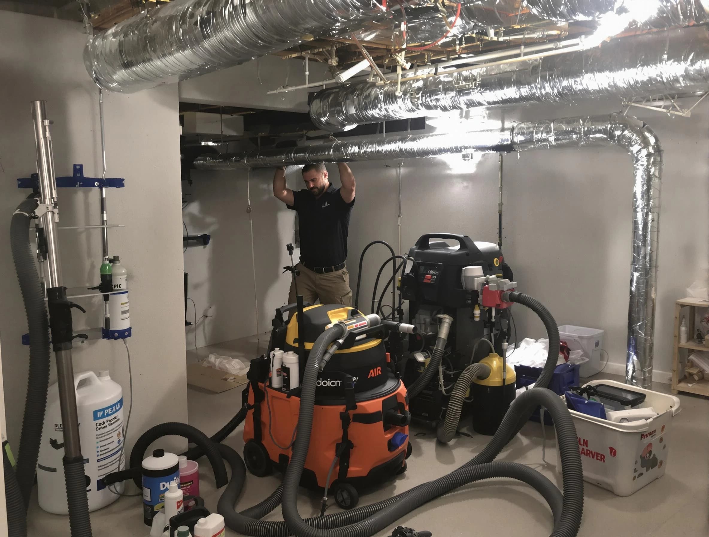 Conyers Air Duct Cleaning specialist performing professional mold removal from air ducts using safety equipment in Conyers